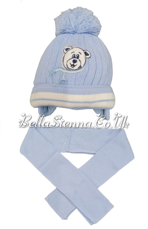 Barbaras Luxuary Baby Boys Teddy Bear Detail Pom Pom Hat And Scarf Set Blue