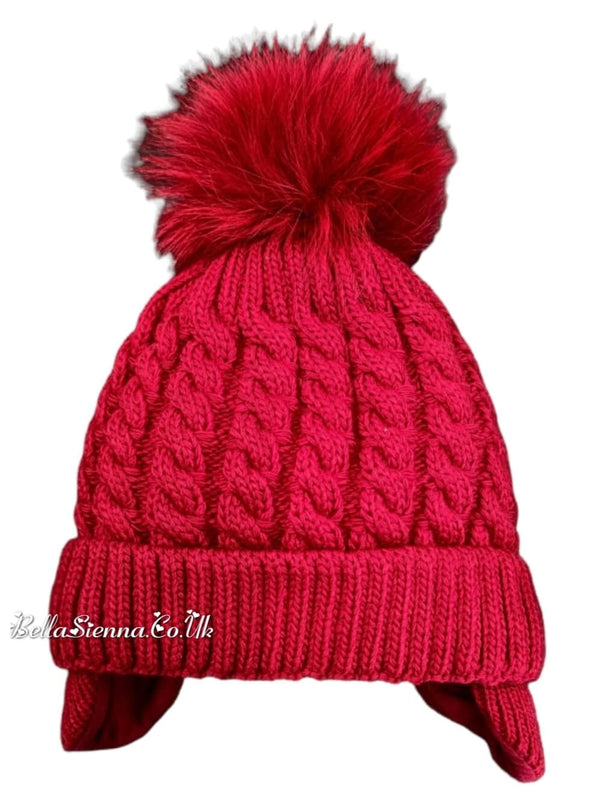 Barbaras Luxuary Unisex Cable Detail Pom Pom Hat   Red