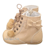 Andanines Girls Sand Patent Leather Boots With Bows & Pom Poms