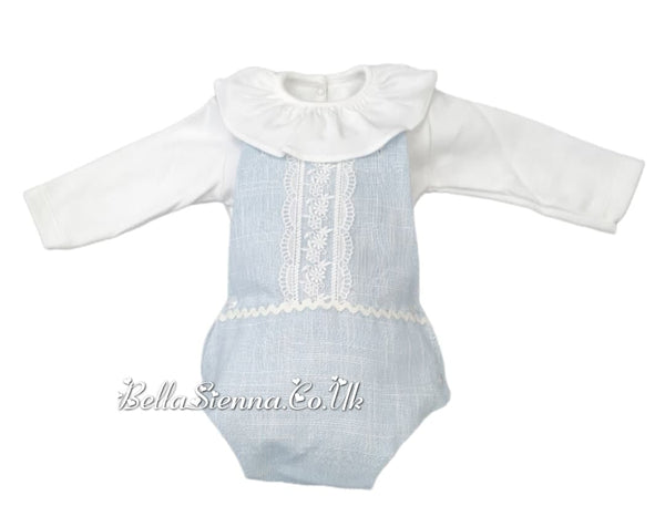 Lor Miral Blue Lurex Romper with Lace Deatil & Long Sleeved Frilly Collar Vest - 21201