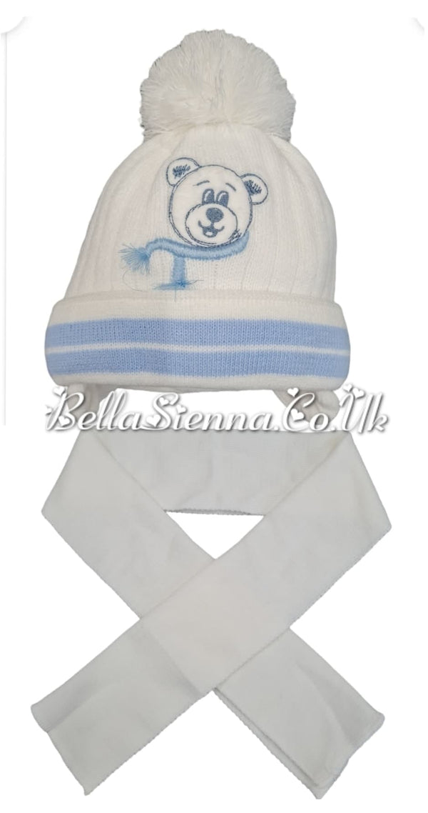 Barbaras Luxuary Baby Boys Teddy Bear Detail Pom Pom Hat And Scarf Set White