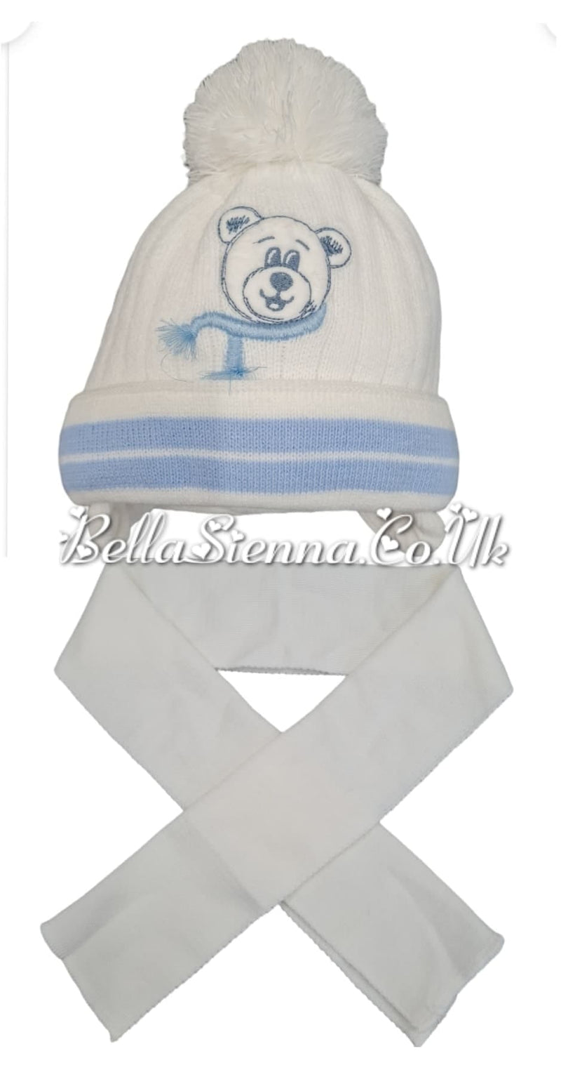 Barbaras Luxury Baby Boys Teddy Bear Detail Pom Pom Hat And Scarf Set White