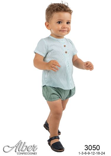 Alber Boys Green & White Stripe Shorts Set - 3050