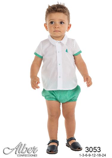 Alber Boys White Shirt & Green Jam Pants Set - 3053