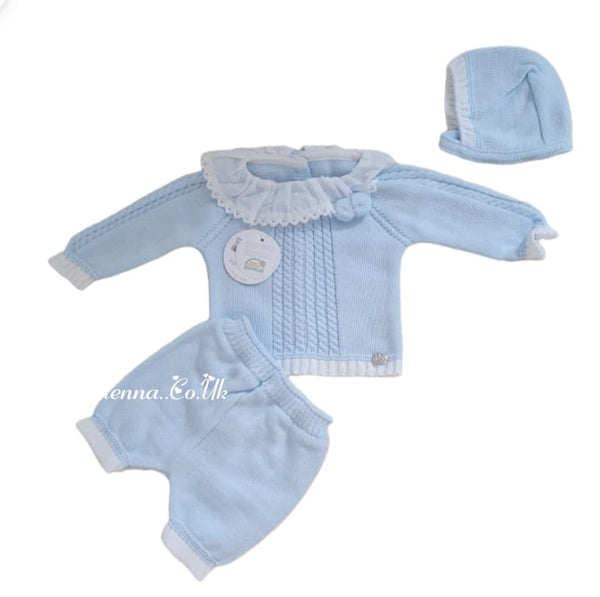 Juliana Unisex Baby Blue Knitted Three Piece Pom Pom  Set J762