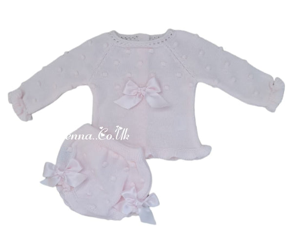 Juliana Pink Berry Knit Two Piece Set For Newborn  With Bows - J560
