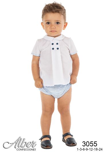 Alber Boys White Shirt & Blue Stripe Jam Pants Set - 3055