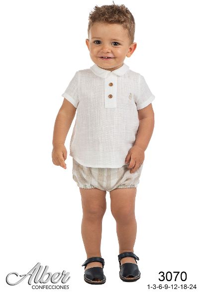 Alber Boys Ivory Cheese Cloth Shirt & Beige & Ivory Checked Jam Pants Set - 3070