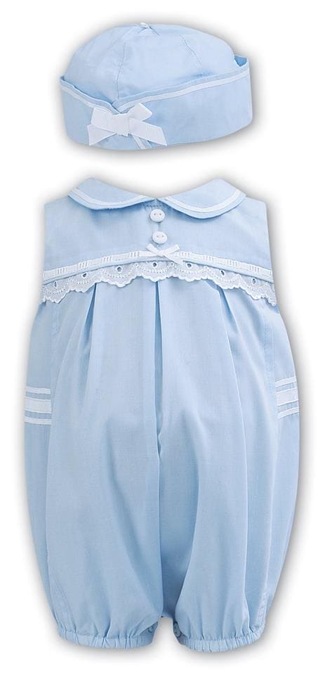 Sarah Louise Blue & White Romper & Matching Sun Hat - 011171