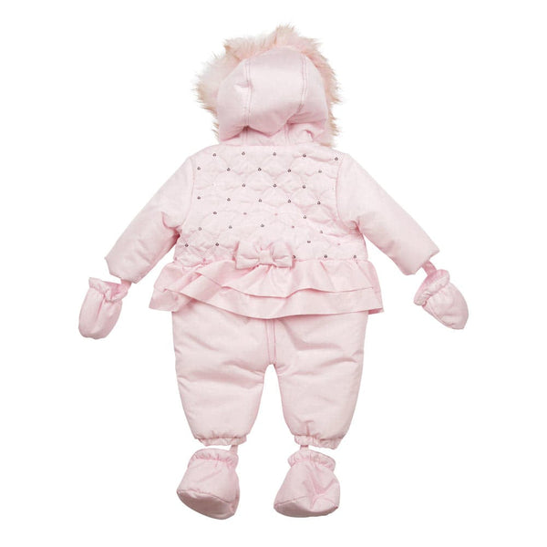 Mintini Baby Girls Pink Faux Fur Trim & Bow Snowsuit MB4975