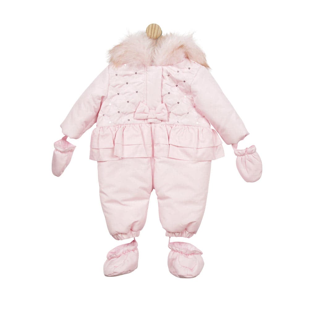 Mintini Baby Girls Pink Faux Fur Trim & Bow Snowsuit MB4975 Bella Sienna