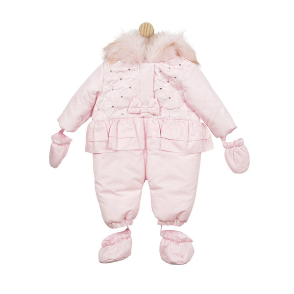 Mintini Baby Girls Pink Faux Fur Trim & Bow Snowsuit MB4975
