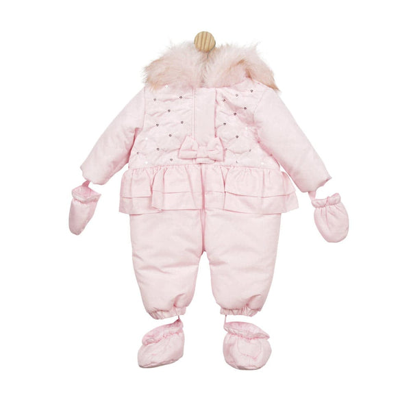 Mintini Baby Girls Pink Faux Fur Trim Bow Snowsuit MB4975 Bella Sienna