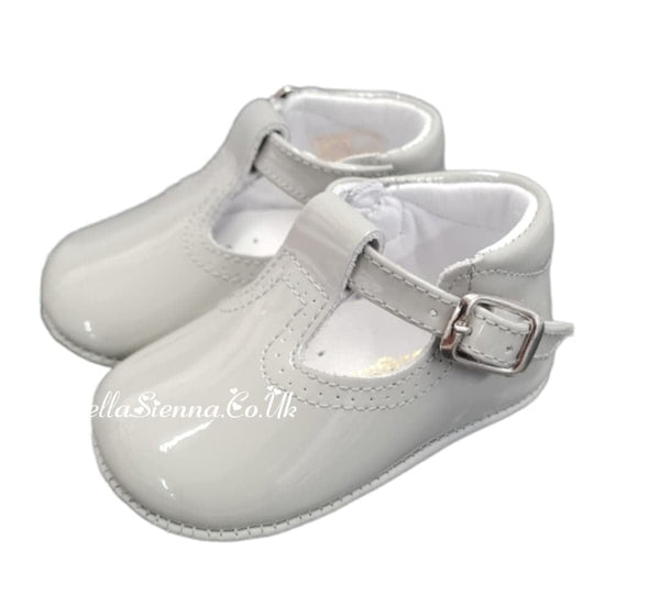 Pretty Originals Unisex Grey Patent Leather Soft Sole T-Bar Pram Shoes - UE03180 UL
