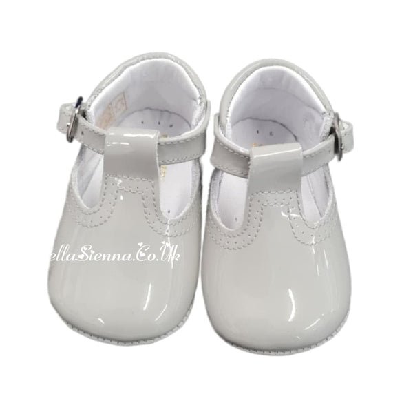 Pretty Originals Unisex Grey Patent Leather Soft Sole T-Bar Pram Shoes - UE03180 UL