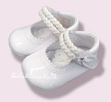 Pretty Originals White Patent Leather Pram Shoes With Plaited Flower Strap - UE02663
