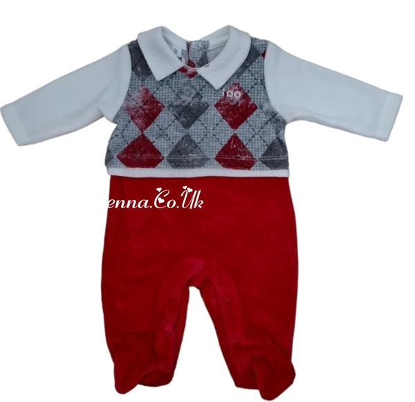 iDo Baby Boys  Perfect Christmas Red And Grey Velour Babygrow 8016