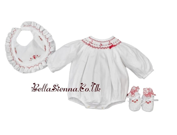Sarah Louise White & Red Smocked, Long Sleeved Bubble Romper - 012765L