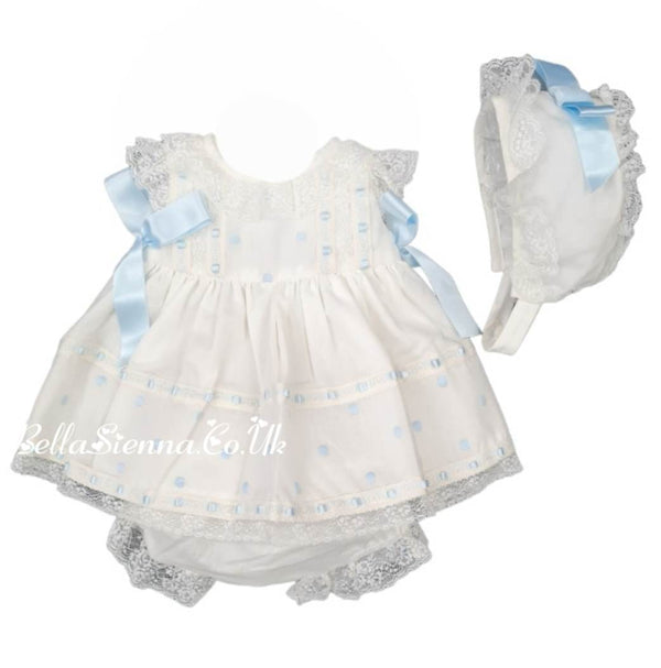 Dolce Petit Ivory Blue Ribbon Baby Girls Dress Set With Lace 2014VGB