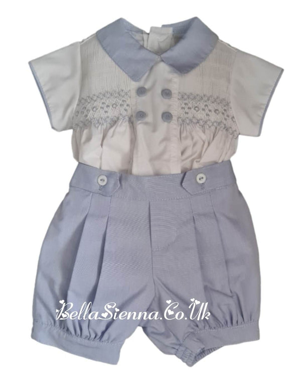 Pretty Originals Blue & White Smocked Boys Outfit  - DL62044