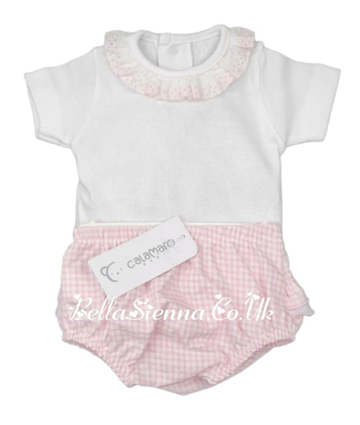 Calamaro Baby White & Pink Frill Vest Top & Jam Pants Set- 19010 & 16028
