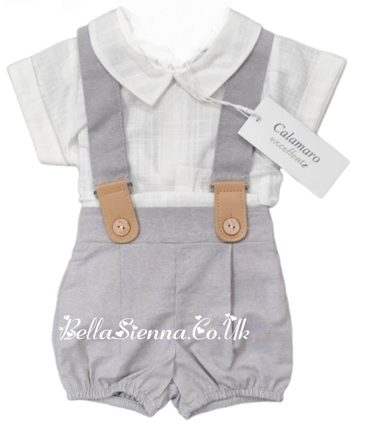 Calamaro  Boys Grey & White Shirt & Shorts Set With Braces - 17803