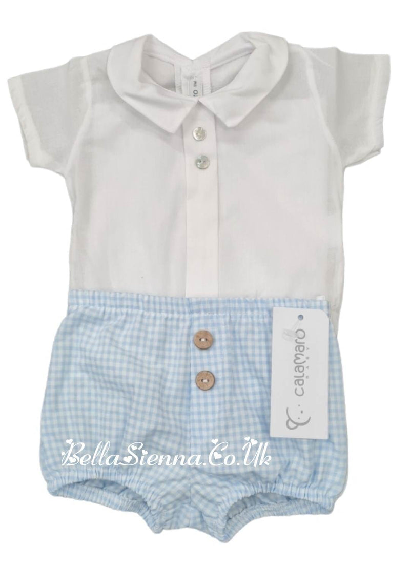Calamaro Baby Peter Pan Shirt & Jam Pants Set - White & Blue Gingham - 16029