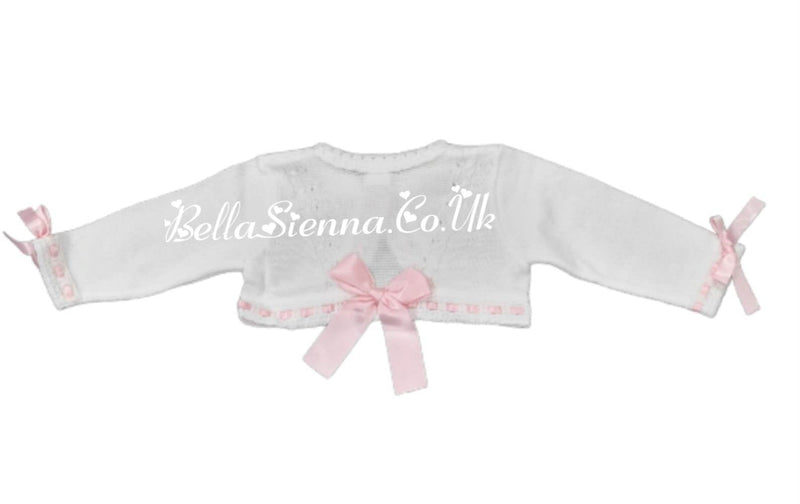 Pretty Originals Girls White And Pink Bow Cardigan