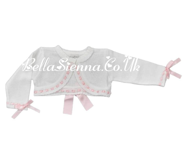 Pretty Originals Girls White And Pink Bow Cardigan