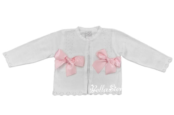 Pretty Originals White And Pink Bow Cardigan