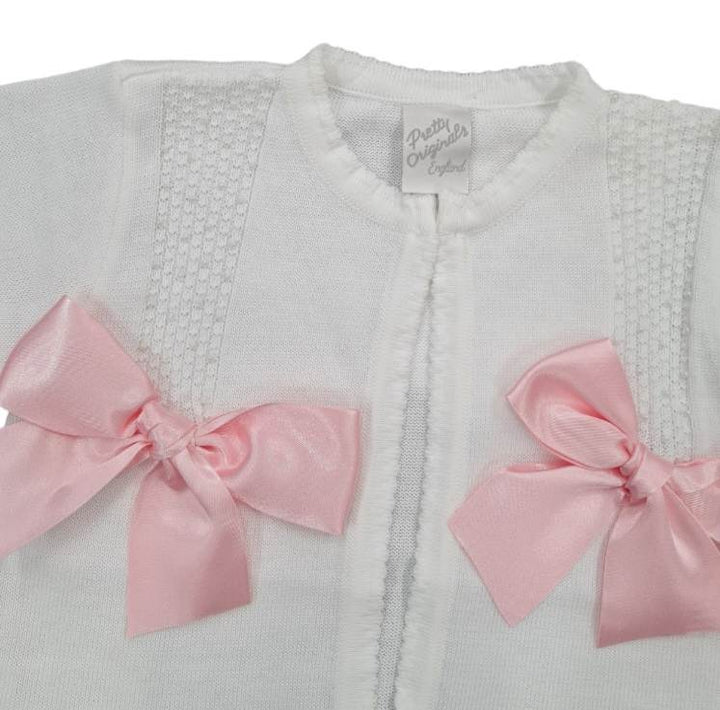 Pretty Originals White And Pink Bow Cardigan