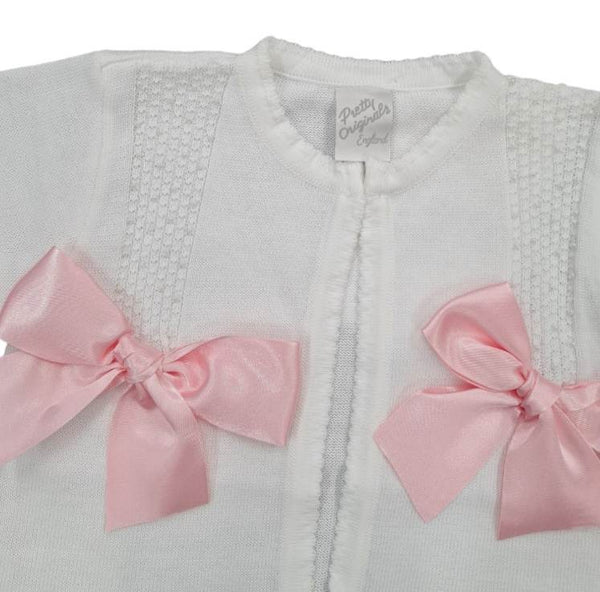 Pretty Originals White And Pink Bow Cardigan
