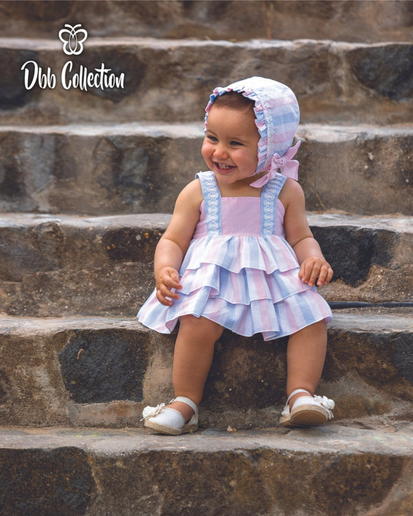 Dbb Collection Blue, Pink & White Stripe Dress, Pants & Bonnet Set - 14001