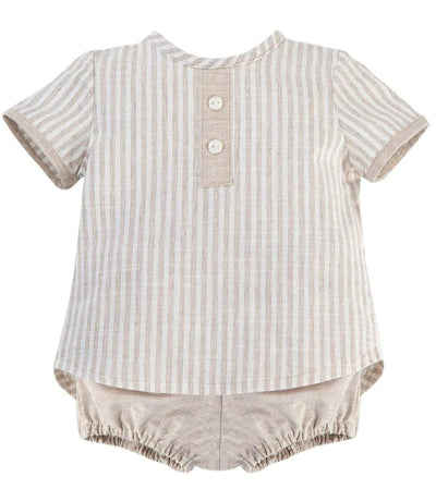 Boys Two Piece Striped T-shirt and Shorts Set in Beige and White 3361