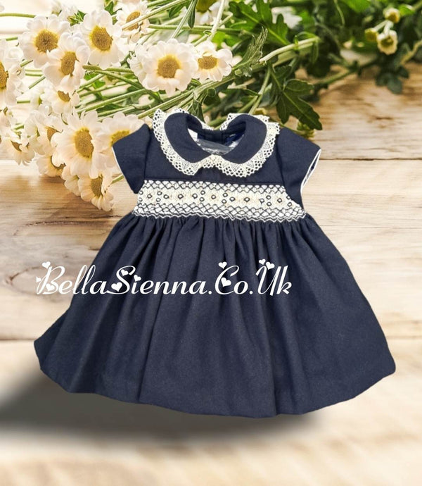 Pretty Originals Navy Blue And Ivory Lace Smocked Baby Girls Dress MC0109