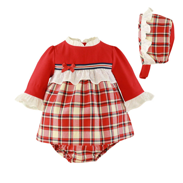 Miranda Girls Red Tartan Dress, Pants & Bonnet Set - Winter - 0044/VGB