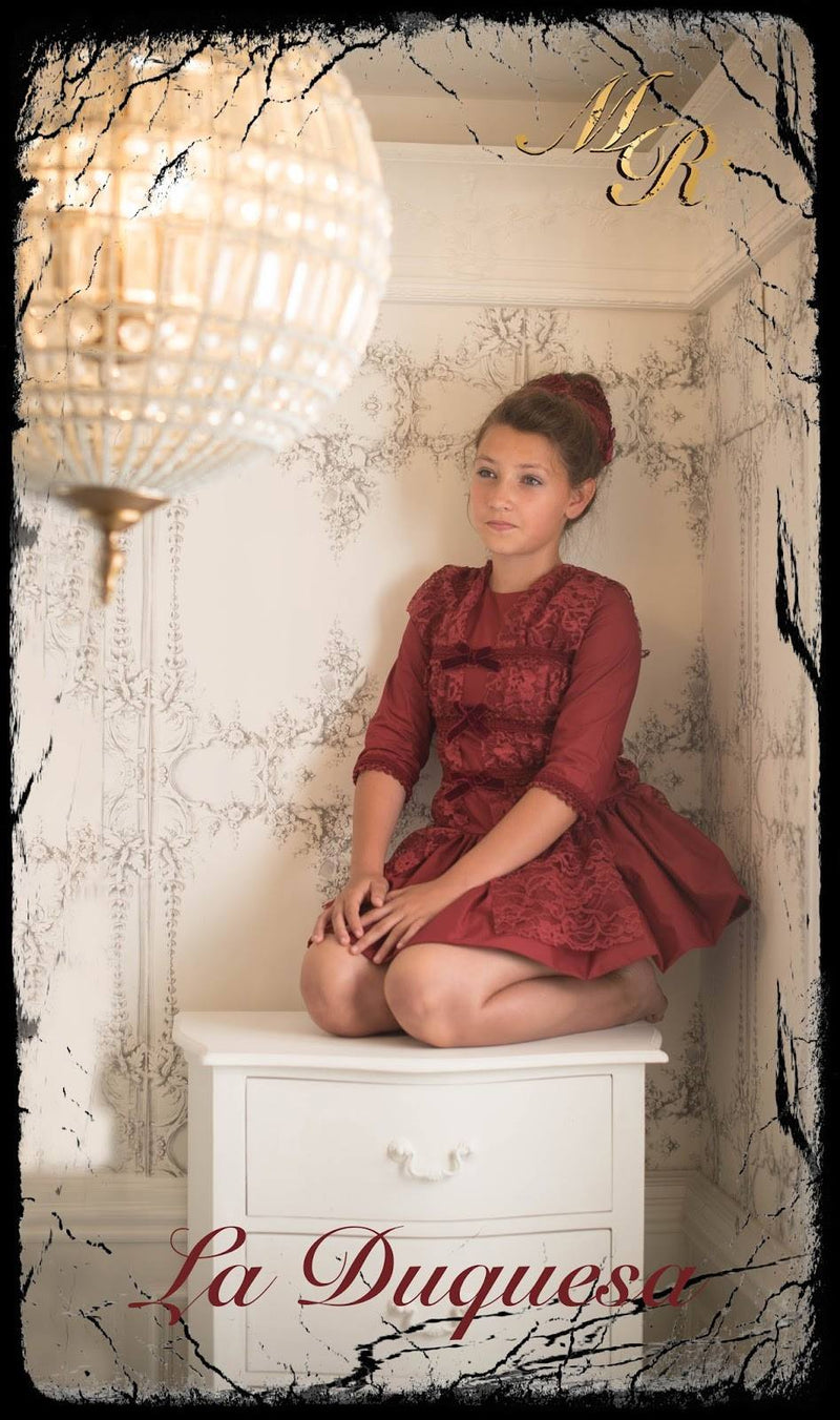 La Marquesita Real La Duquesa Burgundy Drop Waist Dress & Matching Hair Clip