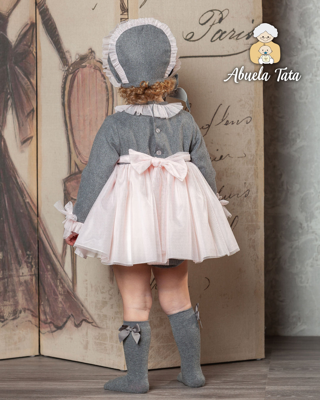 Abuela Tata Grey & Pink Dress Pants & Bonnet Set With Tulle & Bow On The Back - 1299326