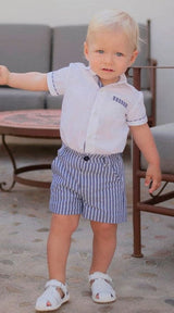 Miranda Boys Shirt & Shorts Set - White & Navy Stripe - 513/23