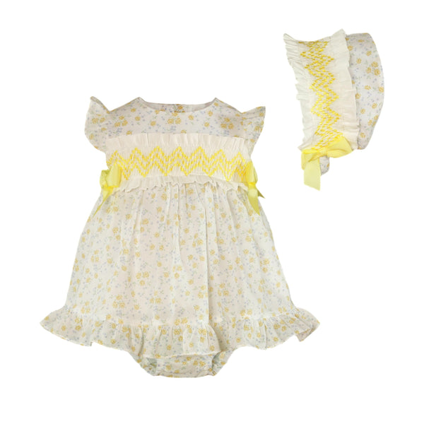 Miranda Lemon & White Smocked Dress, Pants & Bonnet Set - 0052 VGB