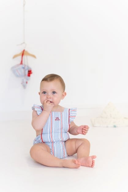 Tutto Piccolo Blue Striped Romper With Bow - 5722