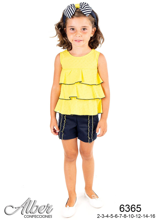 Alber Yellow And Navy Ruffle Short Set 6365
