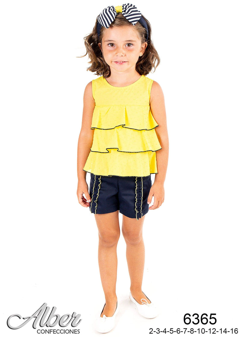 Alber Yellow And Navy Ruffle Short Set 6365