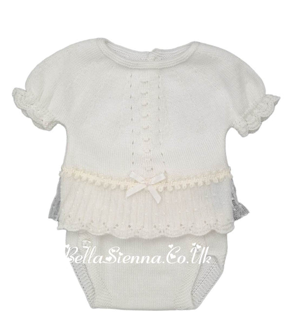 Mac Ilusion Two Piece Baby Girl Ivory Fine Knitted Outfit with lace 7226X