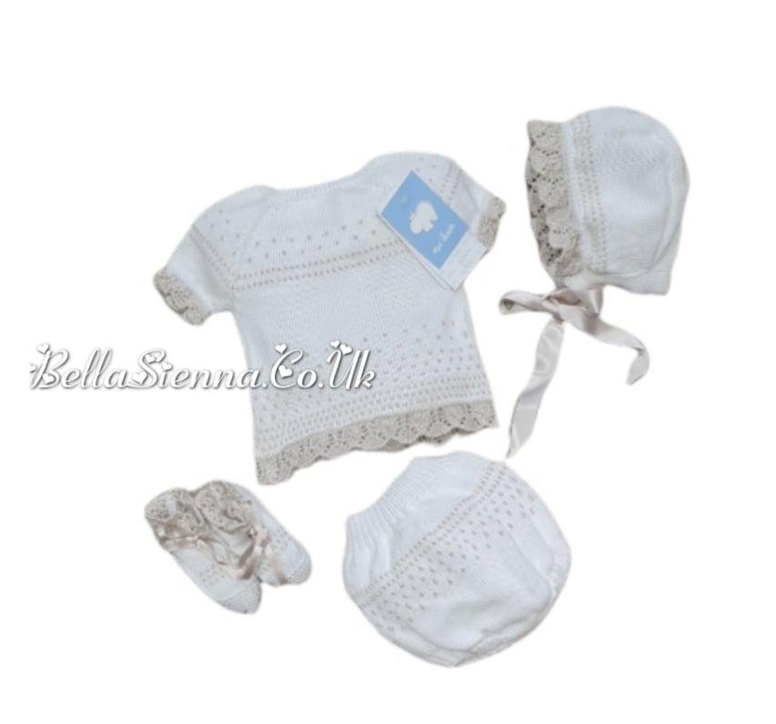 Mac ilusion Newborn Baby Girls Four Piece Fine Knitted Outfit  White & Beige 7230X