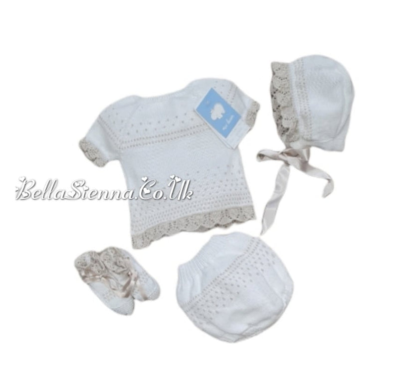 Mac ilusion Newborn Baby Girls Four Piece Fine Knitted Outfit  White & Beige 7230X