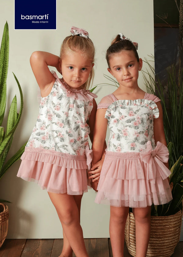 Basmarti Girls Dress With Cut Out Back & Dusky Pink Tulle Bow - 22052