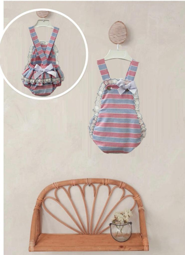Cuka Pink & Blue Stripe Romper With Bow - 80141