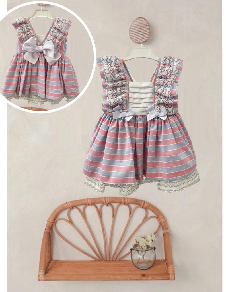 Cuka Pink & Blue Stripe Dress With Bows - 80152