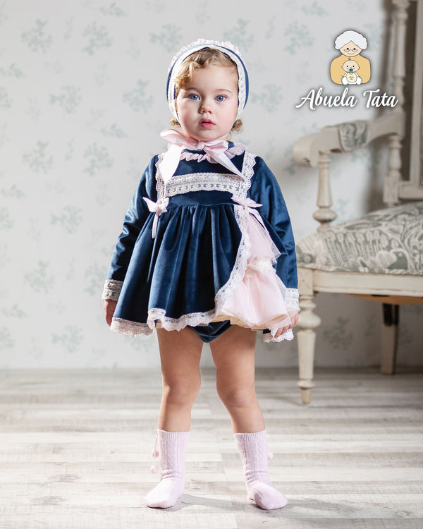 Abuela Tata Navy Blue Velvet Dress Pants & Bonnet Set With Pink Bows - 1203332